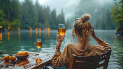 Woman relaxing in chair, enjoying lake and forest view from terrace at luxury vacation resort in Pacific Northwest region, sipping wine near table