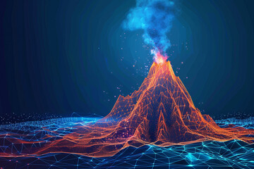 A volcano erupts in a blue sky with a fiery red lava flow