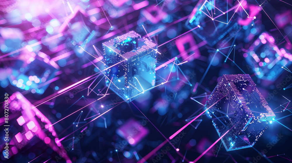 Poster a blue background with a bunch of cubes in different sizes