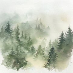 Misty forest scene depicted in soft watercolors, with trees fading into the distance, water color ,clip art