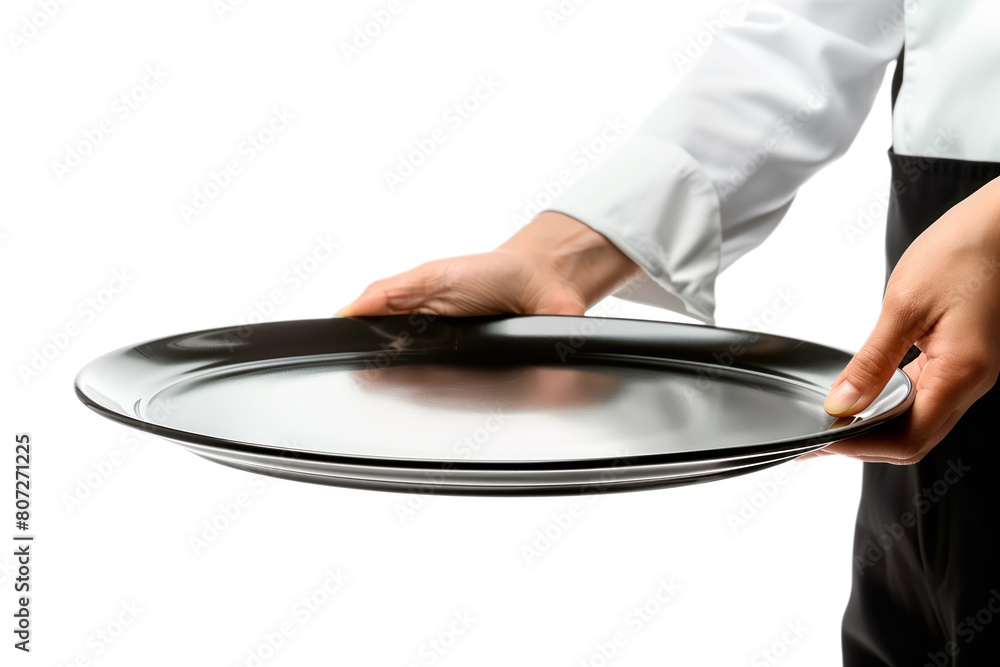 Wall mural Waiter in crisp white uniform and black apron holding empty metal tray isolated on white background