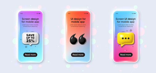 Phone 3d mockup gradient screen. Save up to 25 percent tag. Discount Sale offer price sign. Special offer symbol. Discount phone mockup message. 3d chat speech bubble. Yellow text box app. Vector