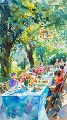 Summer garden party with tables adorned with floral centerpieces and guests enjoying the sunshine, painted in lively watercolors, water color ,clip art