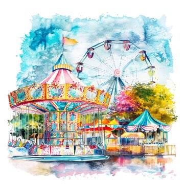 watercolor amusement park carousel ferris wheel clip art preview