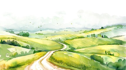 Watercolor countryside with rolling fields and a winding country road disappearing into the distance, water color , clip art 