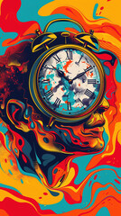 Old alarm clock and human head silhouette. Colorful illustration. Concept of passage of time.