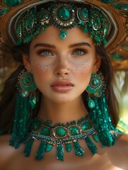 Close-up portrait of a woman adorned with an elaborate green jeweled headdress, showcasing her striking blue eyes and detailed makeup, emerald