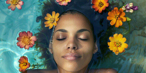 Woman Relaxing in Floral Water