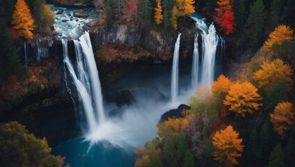 Aerial Enchantment, Abstract Photography Captures Cascading Waterfall's Vivid Colors, Misty Veil, and Surreal Perspective