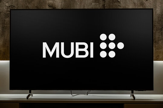 Flat-screen TV set displaying logo of Mubi