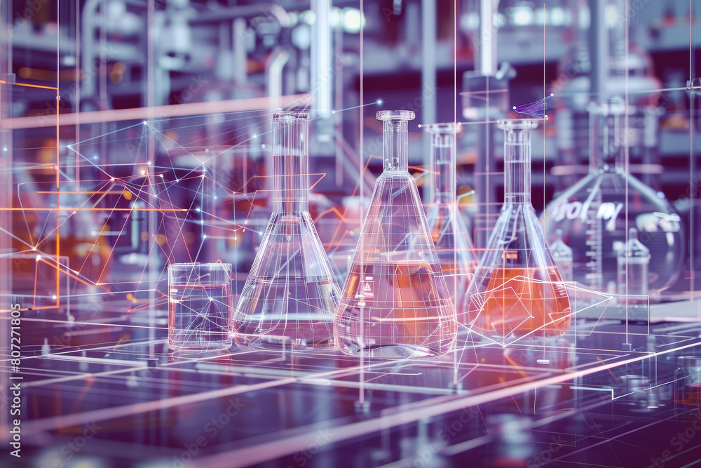 Poster a computer generated image of a lab with a few glass beakers