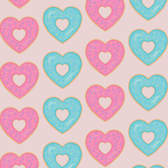 Heart donuts with pink and turquoise glaze and colored sprinkles on a pink background. Seamless pattern for fabric, packaging, wallpaper.