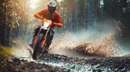 Enduro racers ride through the water with a splash at a motor cross race in the forest.