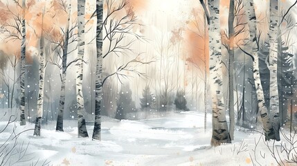 Wintery forest landscape painted with soft pastel colors, featuring snowcovered trees and a peaceful atmosphere