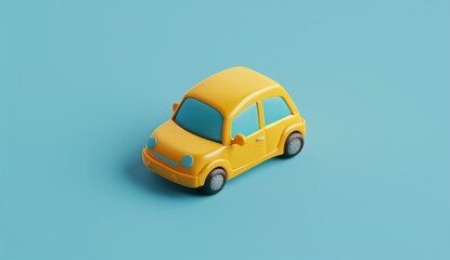 A bright yellow toy car displayed against a light blue background, highlighting simplicity and color contrast.