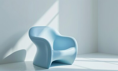 A sculptural blue chair showcased in a minimalist white room, emphasizing modern design and simplicity.