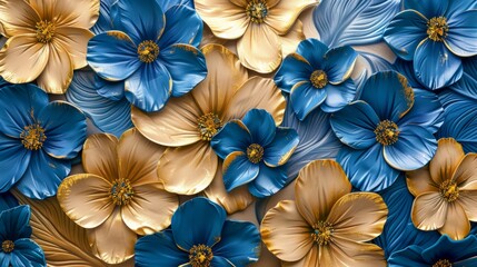 Elegant floral art piece featuring gold and blue flowers on a richly textured background, blending natural and artistic elements.