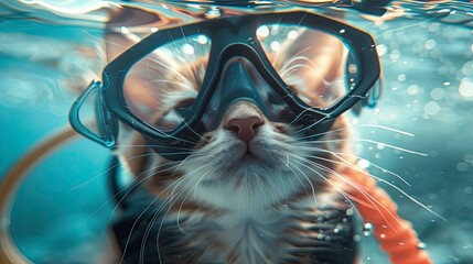 A cute little kitten wearing a scuba diving outfit, peacefully dreaming underwater