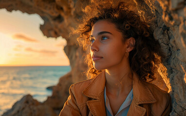 A woman with long hair is standing in front of a rock wall. She is wearing a brown jacket and a white shirt. The sun is setting in the background, casting a warm glow on the scene - Powered by Adobe