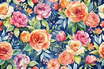 Elegant watercolor seamless pattern of roses in vibrant hues, ideal for fabric textile, high-end decor or sophisticated floral presentations.