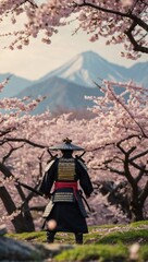 A scene of a samurai warrior facing off against a fearsome dragon amidst cherry blossom trees in full bloom.