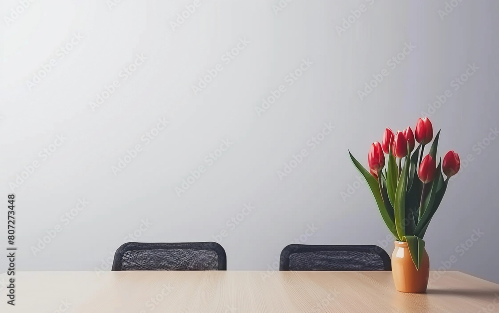Poster a table with two chairs and a vase of red tulips. the table is empty and the chairs are facing each 