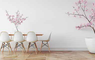 A white room with a table and chairs, and a vase of pink flowers on the table - Powered by Adobe