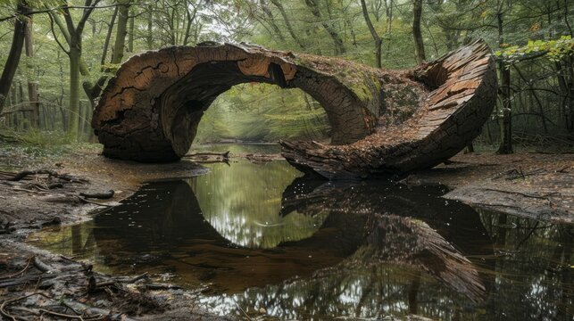 A large tree trunk has been cut in half and is now a bridge over a river. The bridge is surrounded by trees and the water is calm. Concept of tranquility and natural beauty