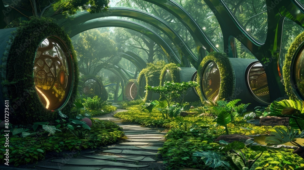 Poster a lush green forest with a path leading through it. the path is lined with trees and bushes, and the