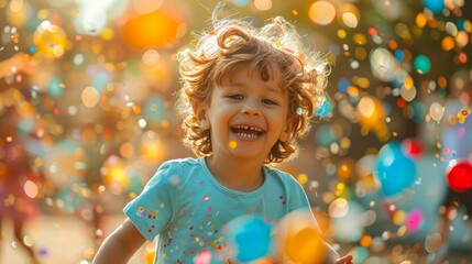 A young boy is smiling and running through a colorful, glittery cloud of confetti. The scene is lively and joyful, with the child's happiness