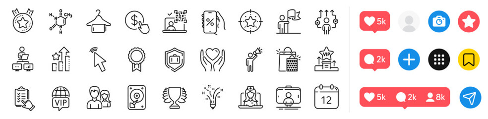 Hold heart, Annual calendar and Hdd line icons pack. Social media icons. Telemedicine, Star target, Selfie stick web icon. Winner, Business way, Work home pictogram. Vector