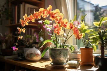 Sunlit home office with vibrant orchids and lush plants, work-from-home vibes.