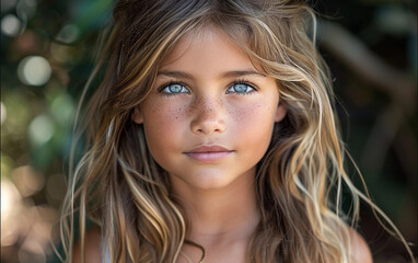 Fototapeta premium A young girl with long blonde hair and blue eyes. She has a slight freckle on her nose