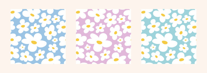 2000s flowers. Set of seamless patterns with abstract white flowers, daisies on a background of delicate pastel shades. y2k background
