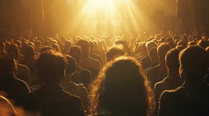 Obraz premium A large crowd of people are sitting in a theater, watching a performance. The audience is filled with people of all ages, and the atmosphere is lively and energetic