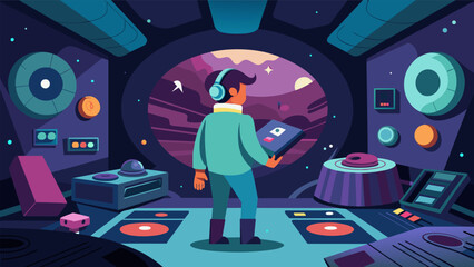 In a scifi series the protagonist explores an abandoned spaceship and discovers a room filled with ancient vinyl records fueling their curiosity about Vector illustration