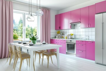Modern Pink Kitchen Interior with Trendy Scandinavian Style Design
