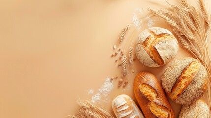 Artisan breads on beige backdrop, organic food ads, warm color tone trends in design and social media.