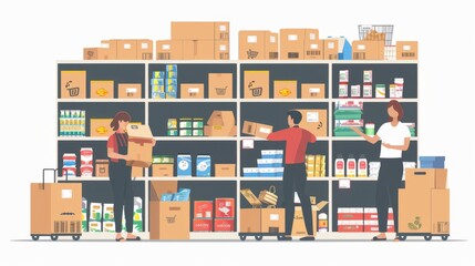 Three people are in a grocery store aisle, looking at the shelves. The store is full of boxes and cans, and the people are looking for something specific