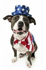 Patriotic dog in stars-and-stripes top hat and bowtie, US holidays, vibrant for ads and social media.