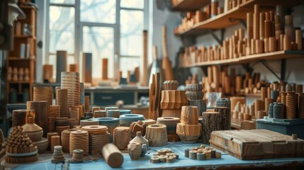A wood shop with many different types of wood and wood products. Scene is one of creativity and...
