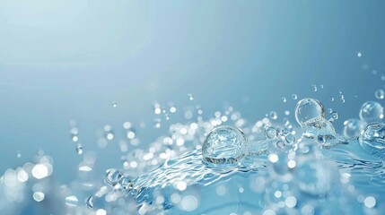 Water bubbles on blue background, clear and bright, modern minimalist design. Copy space