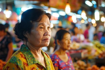 Obraz premium Elderly Asian Woman Pensive in Bustling Market Environment