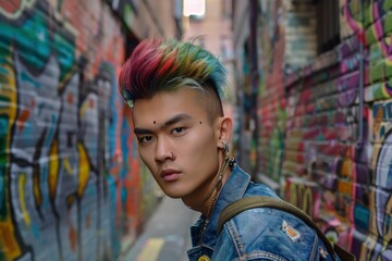 Obraz premium Trendy Urban Young Man with Colorful Mohawk Hairstyle in Graffiti Alley