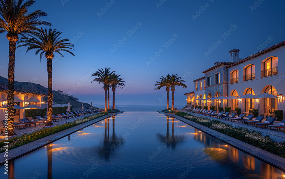 Poster a long pool with palm trees in the background. the pool is lit up at night. scene is serene and rela