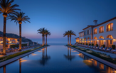 Obraz premium A long pool with palm trees in the background. The pool is lit up at night. Scene is serene and relaxing