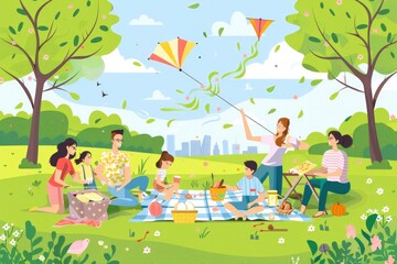 Family Enjoying a Picnic in a Lush Green Park with Flying Kites and a Cityscape Background