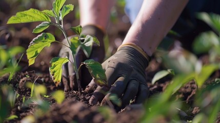 A person is planting a seedling in the dirt