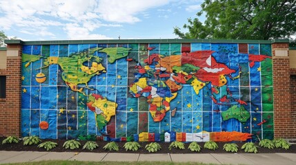 A colorful mosaic of the world is painted on a wall. The artwork is made of plastic and is very detailed. The wall is located next to a brick wall and has a few potted plants in the foreground