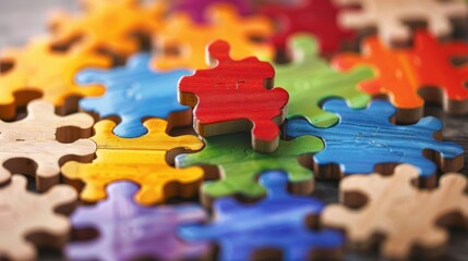 A colorful jigsaw puzzle with a red piece in the middle